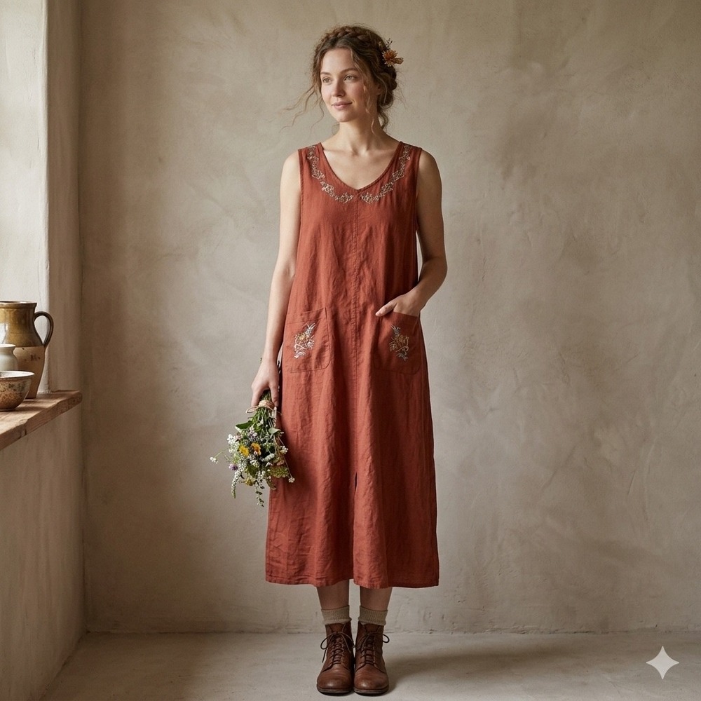 Brett Alixander Maxi Dress Womens 16 Rust‎ Orange Embroidered Cotton Linen Boho